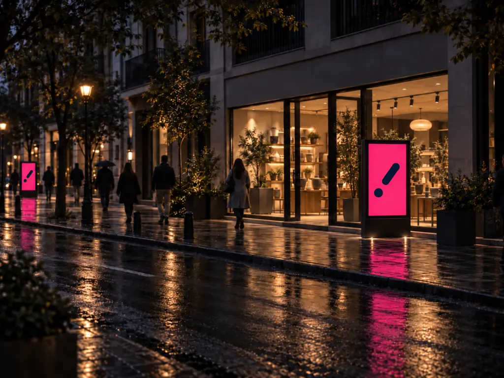 Un local recién abierto en una calle al anochecer: la vitrina iluminada y una pantalla digital vertical en la acera, a pocos pasos de la puerta.