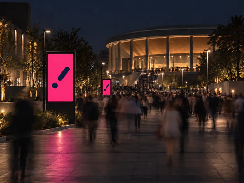 La llegada a un recinto de eventos de noche: una multitud avanza por la explanada hacia la entrada iluminada, entre pantallas digitales verticales.