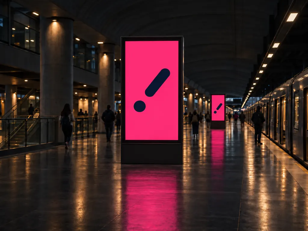El vestíbulo de una estación de metro: una pantalla digital vertical en el centro del andén mientras unos pocos pasajeros esperan y caminan.