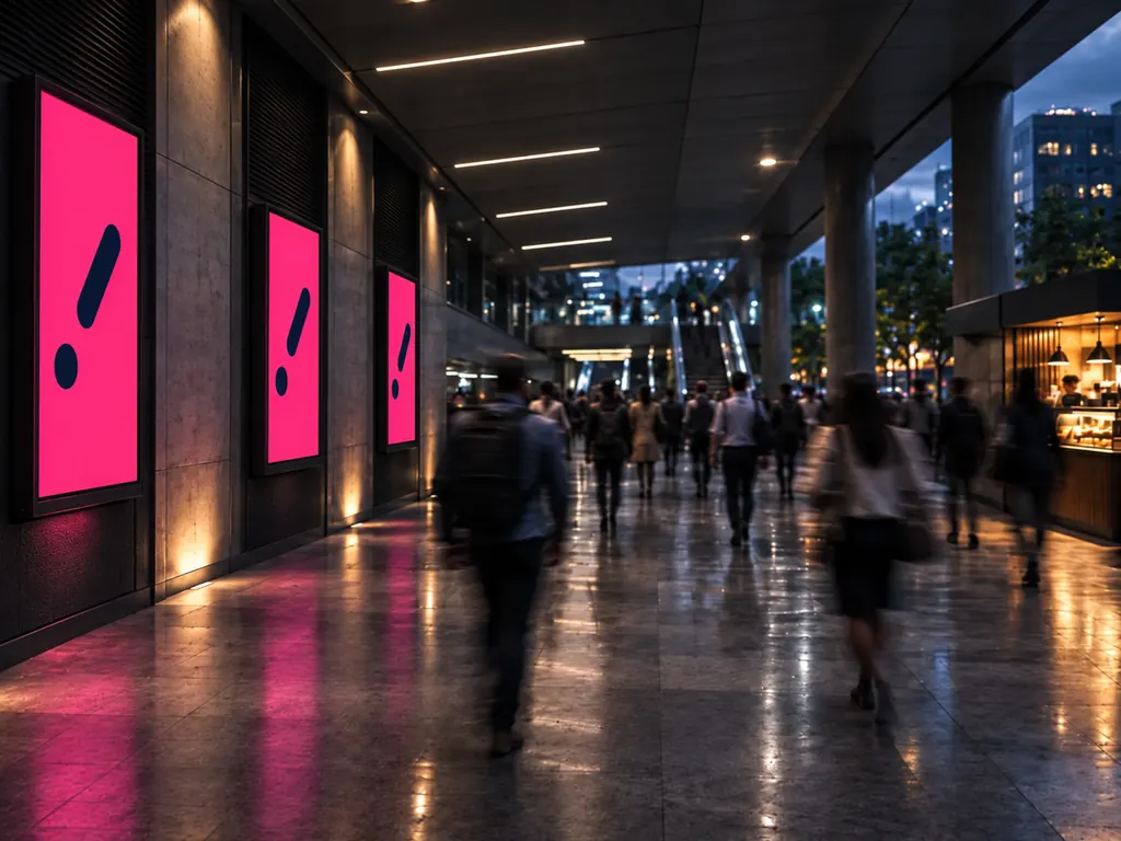 Un corredor de paso a la hora de salida: la gente avanza en una misma dirección frente a una hilera de pantallas digitales montadas en el muro.
