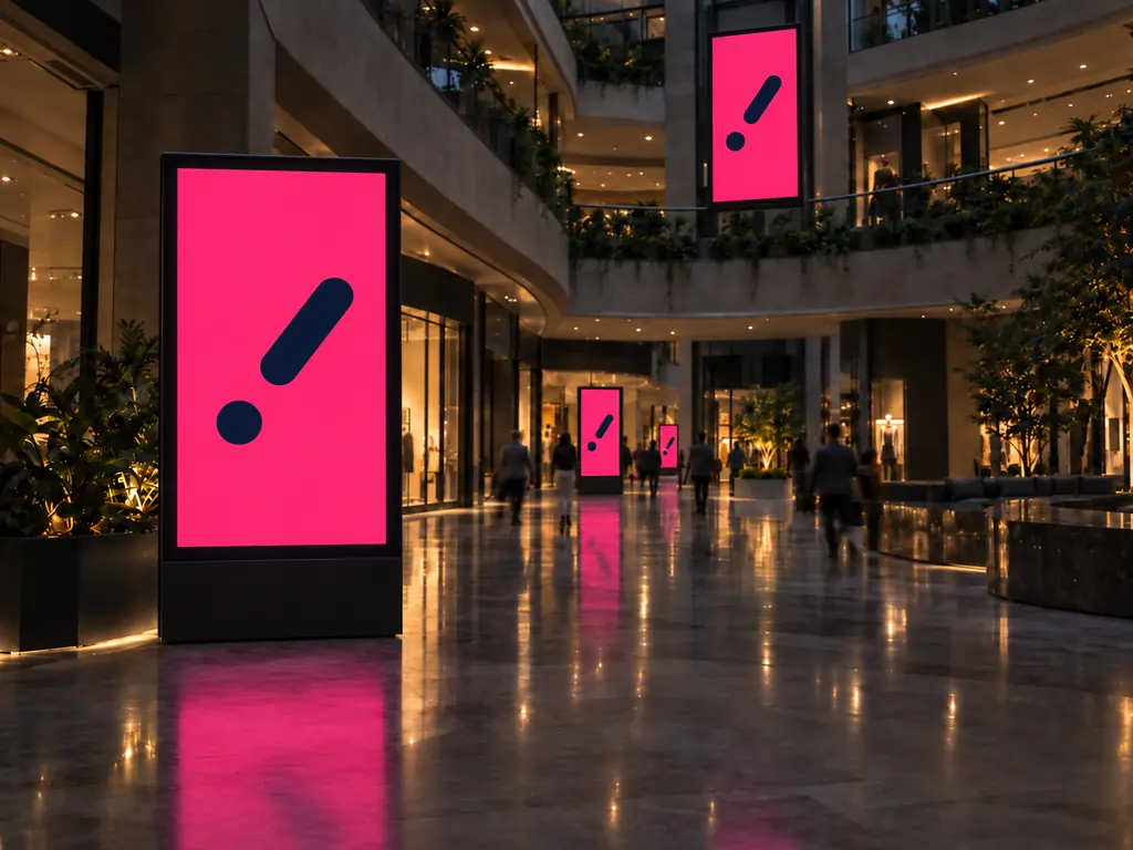 Atrio de un centro comercial al anochecer: varias pantallas digitales verticales encendidas en distintos niveles mientras la gente camina por el pasillo.