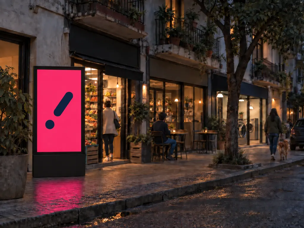 Una cuadra de barrio al anochecer: un almacén, un café con mesas afuera y una pantalla digital en la acera, junto a las puertas de los locales.